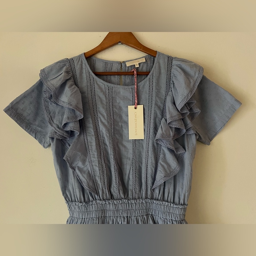 Love Shack Fancy Natasha Dress in Heather Blue Sz M NWT Ruffle Tiered - Picture 8 of 14